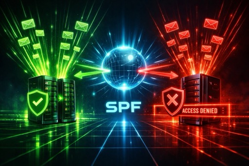 Diagram showing SPF DNS lookup process and IP address verification
